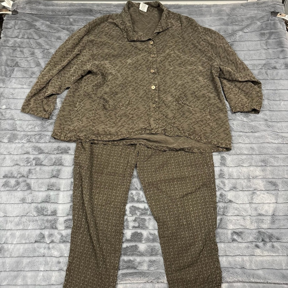 Click by Color Me Cotton Women L Olive Tencel 2 Piece Button Top Pants Set